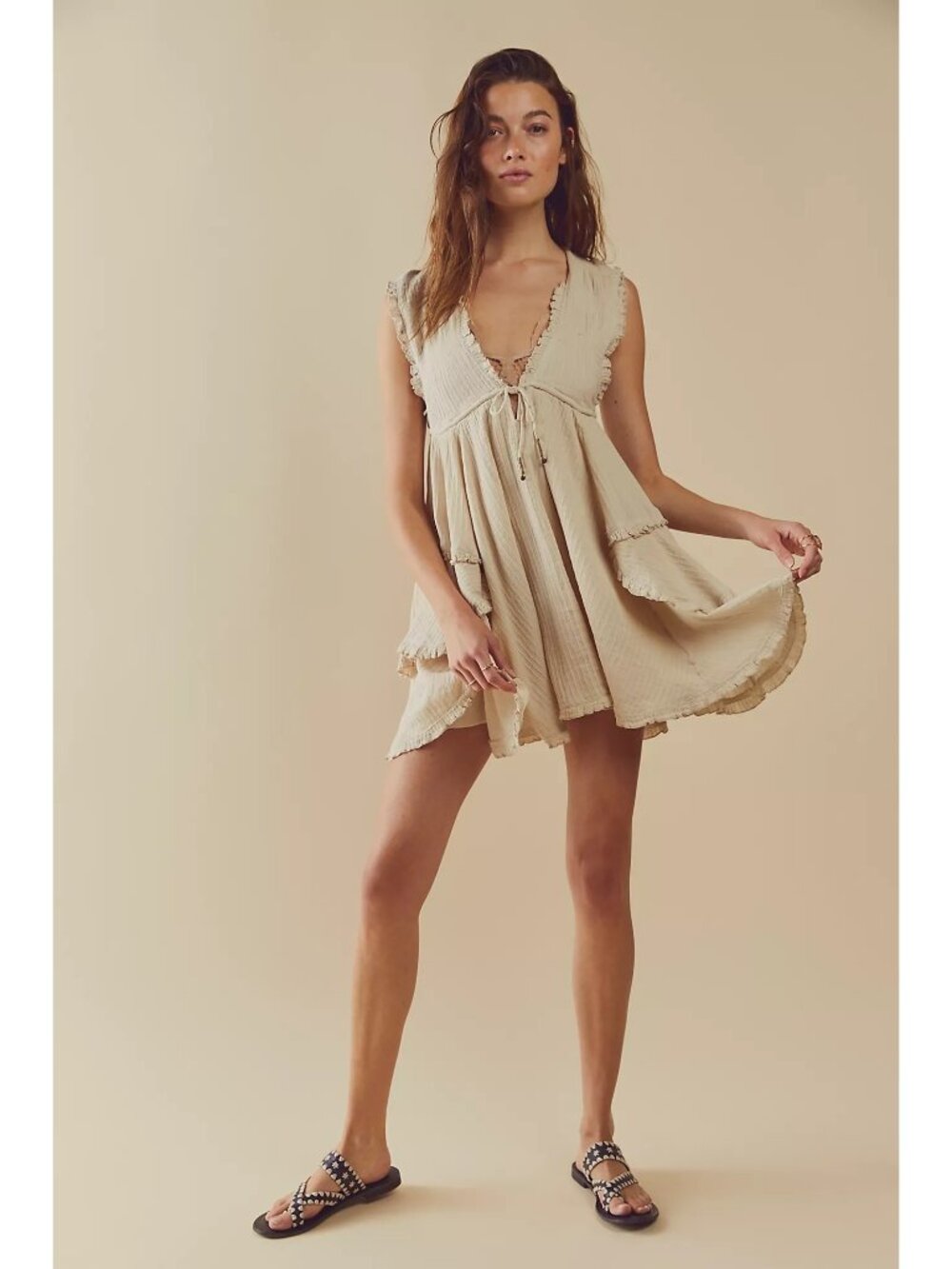 Free People Beige Layered Ruffle Ruched V-Neck Mini Dress S | Coastal Boho Indie